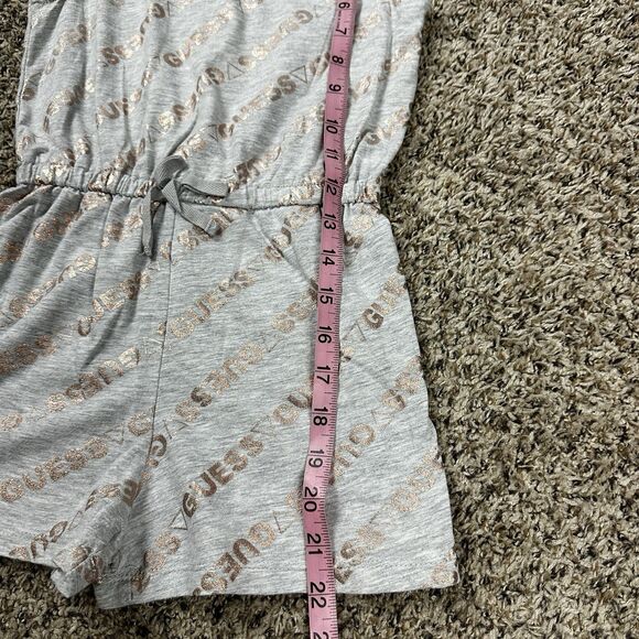 Guess Girls Size 6X Grey Romper Gold Print Sleeveless Ruffle Drawstring Waist - Picture 5 of 7